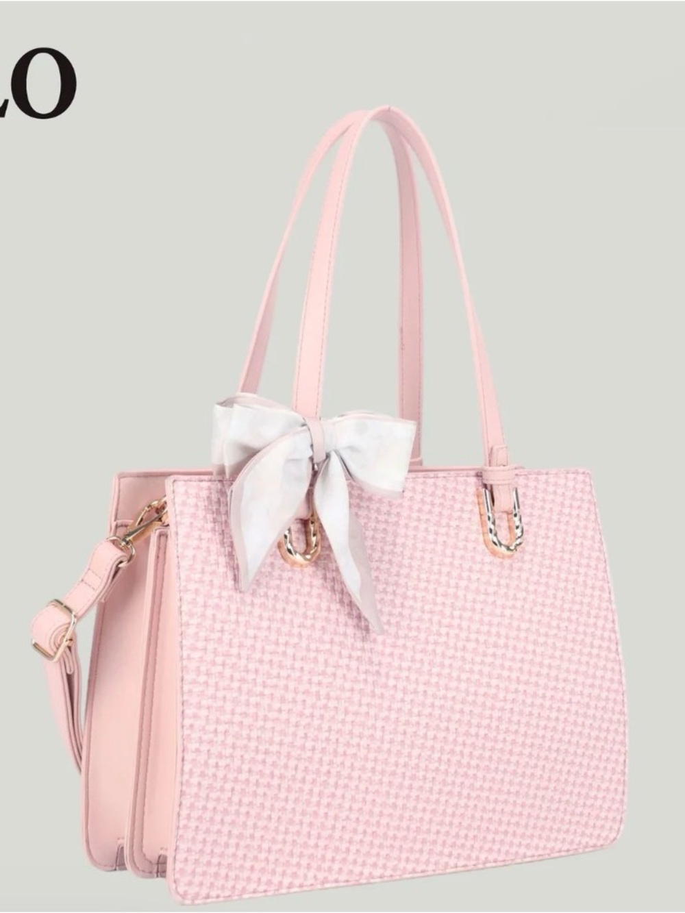 Pastel Pink Houndstooth Tote with Bow Accent